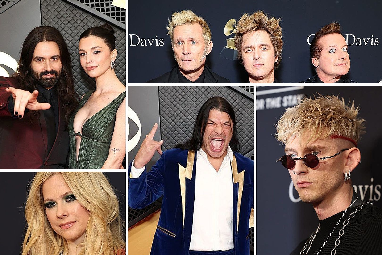 Photos of Machine Gun Kelly, Jay Weinberg and wife Chloe, Avril Lavigne, Metallica's Robert Trujillo, and Green Day at the 2024 Grammy Awards