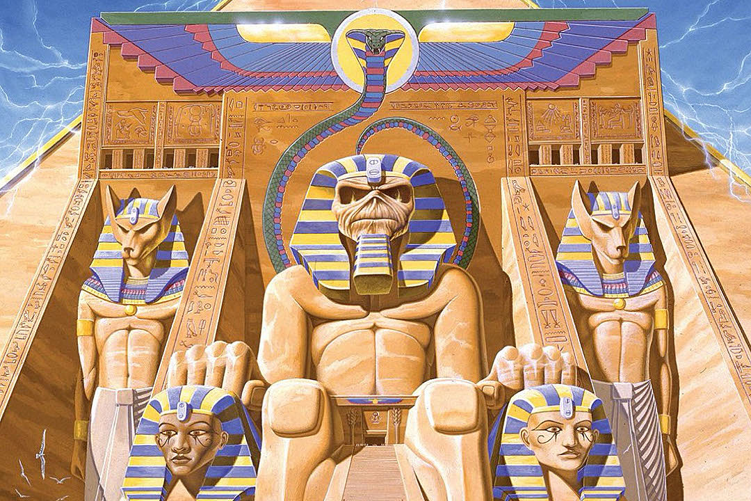 An inset of the album artwork for Iron Maiden's 'Powerslave.'