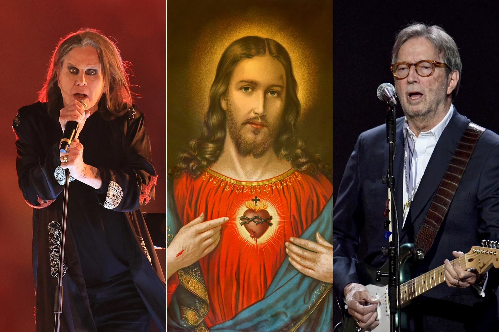 Ozzy Osbourne performs at 2022 Commonwealth Games, heart of jesus Christ portrait 1899, eric clapton performs at music for marsden in london 2020
