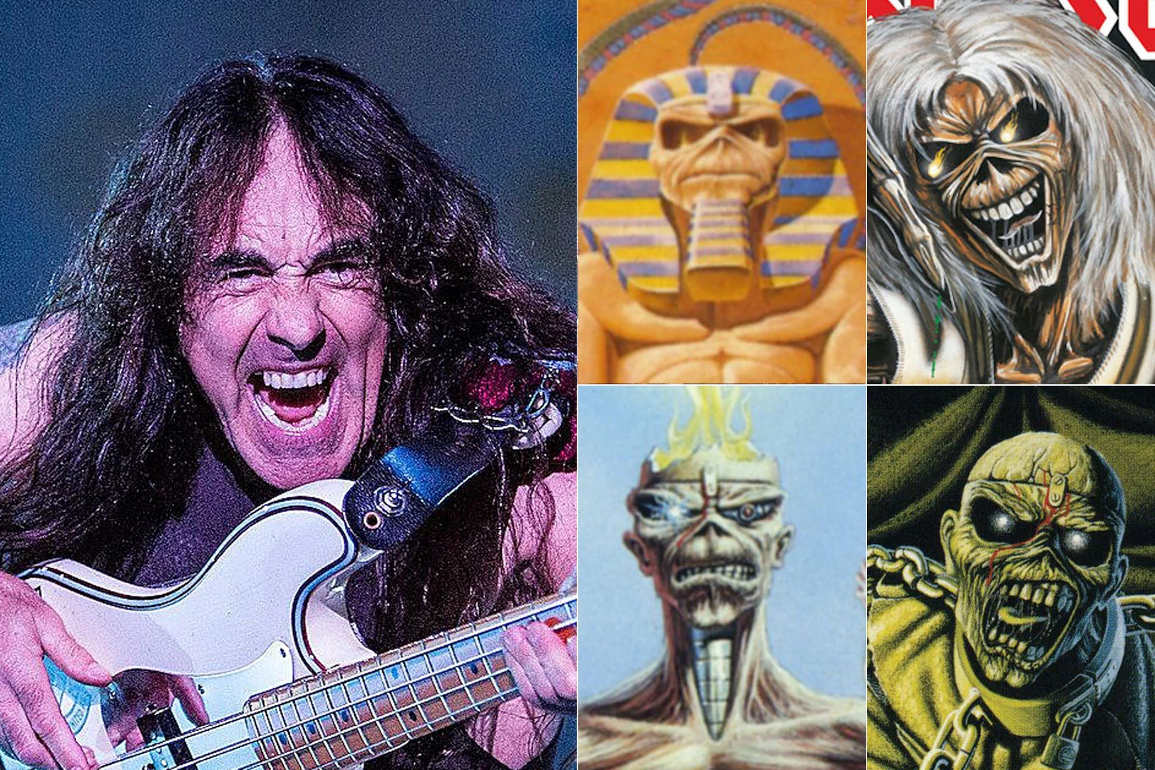 iron maiden's steve harris with powerslave, the number of the beast, seventh son of a seventh son and peace of mind album covers